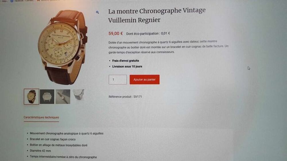 V&eacute;ritable montre chrono Vuillemin Regnier neuve N&deg;1249 Bijoux et montres