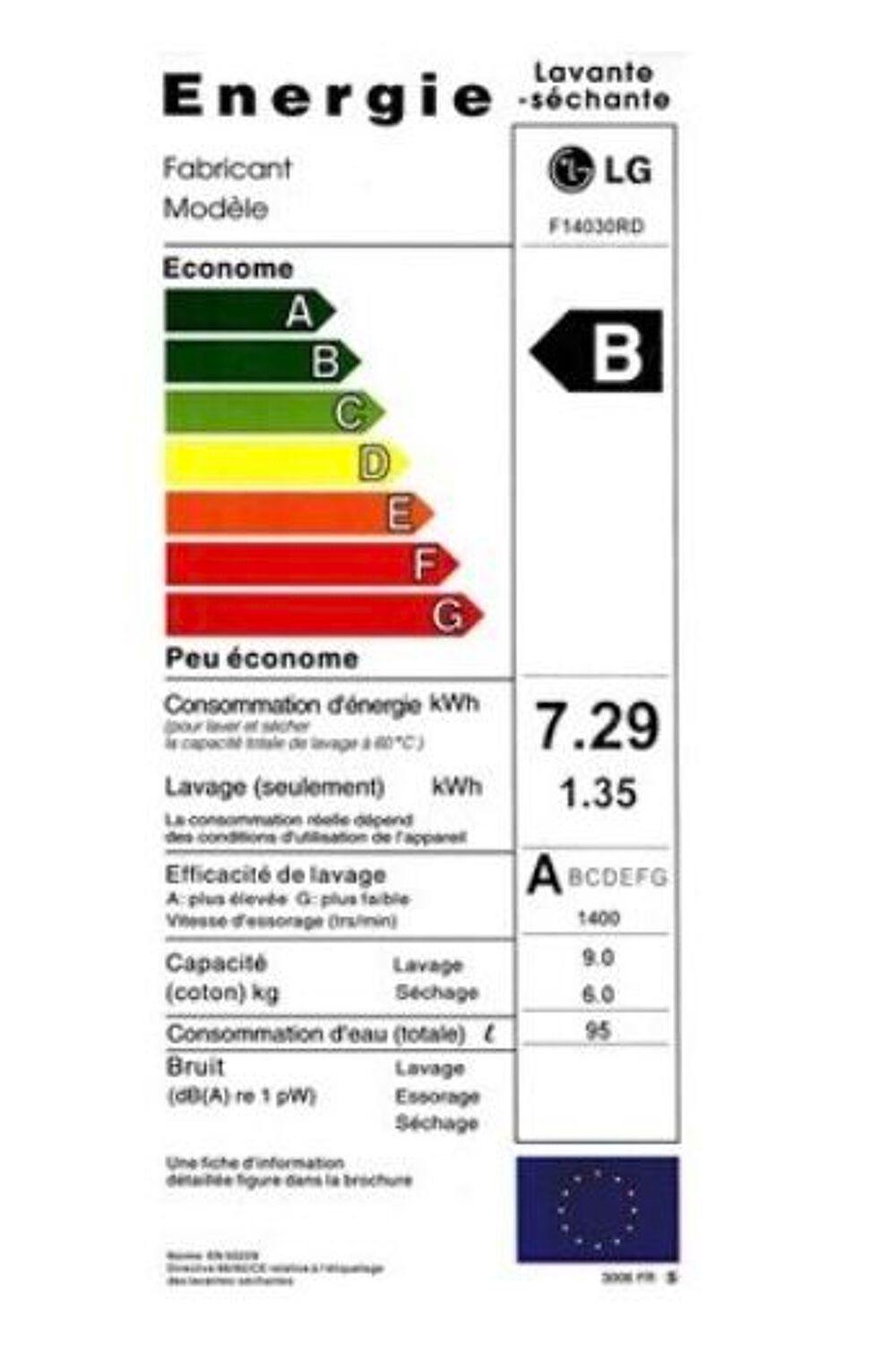 Lave linge s&eacute;chant 9kg / 6 kg LG F 14030 RD Blanc Electroménager