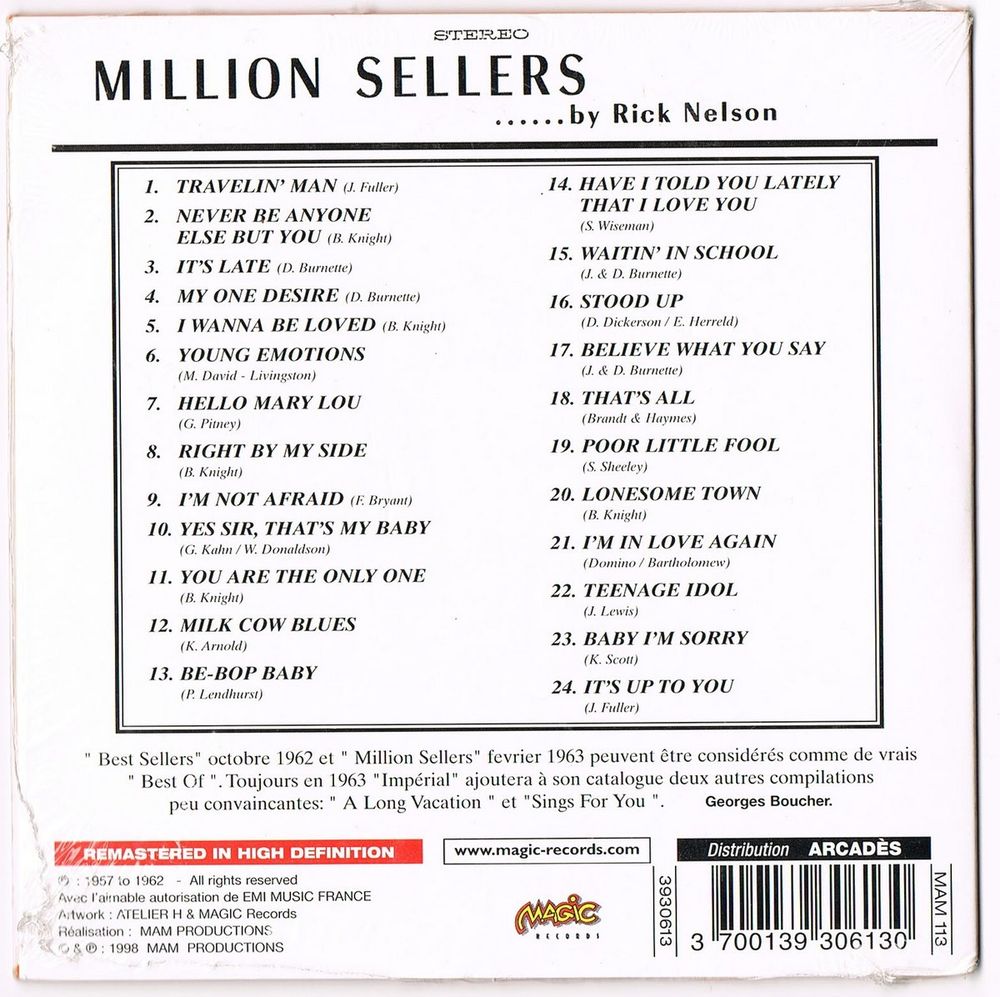 RICK NELSON -CD-MILLION SELLERS-24 titr.57-62 -Travelin' Man CD et vinyles