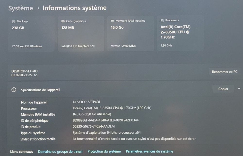 HP EliteBook 850 G5 i5/16Go/256Go SSD/Windows 11 Pro Matériel informatique