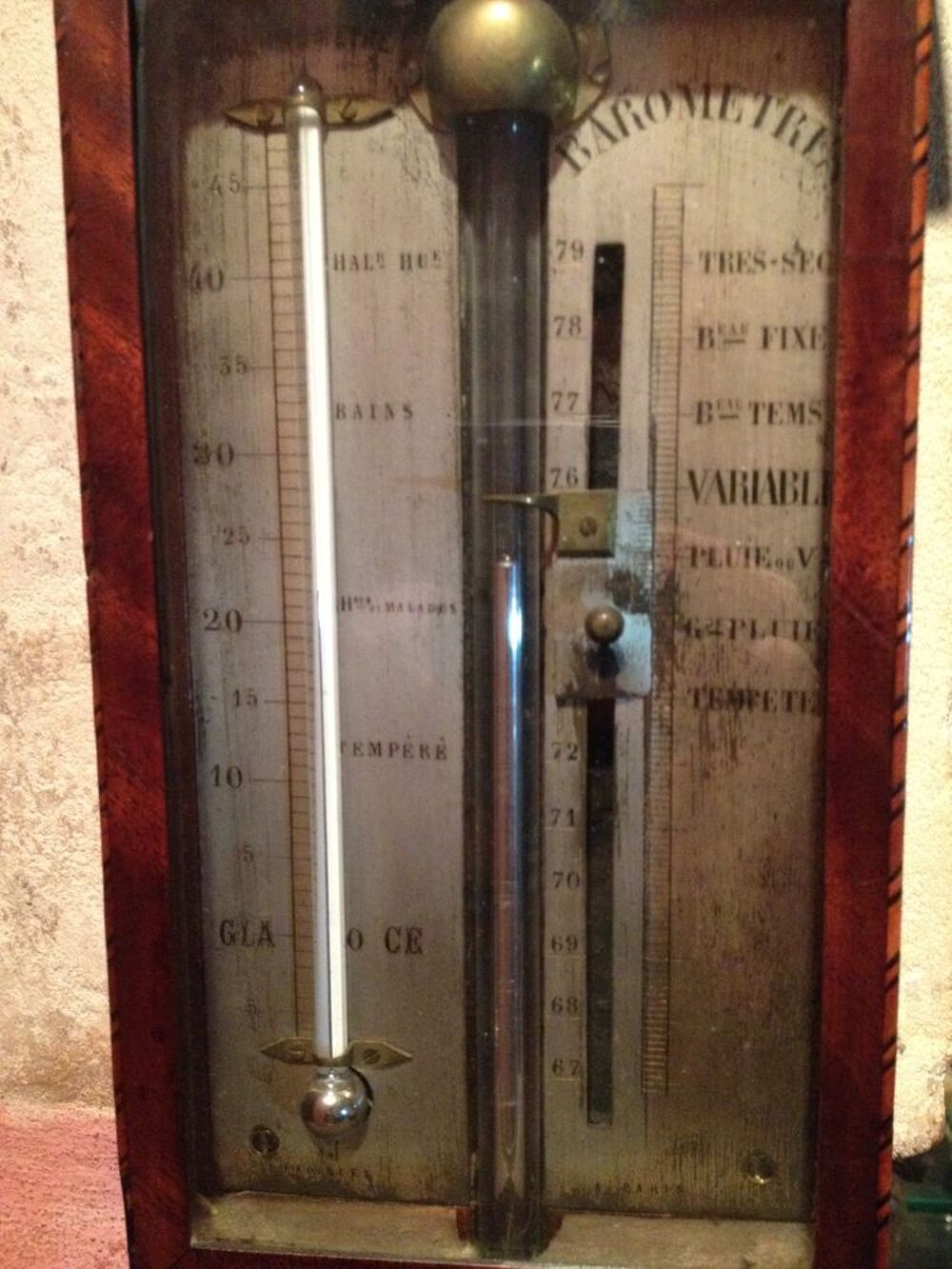 Barometre/thermometre &agrave; mercure en bois marquet&eacute; 