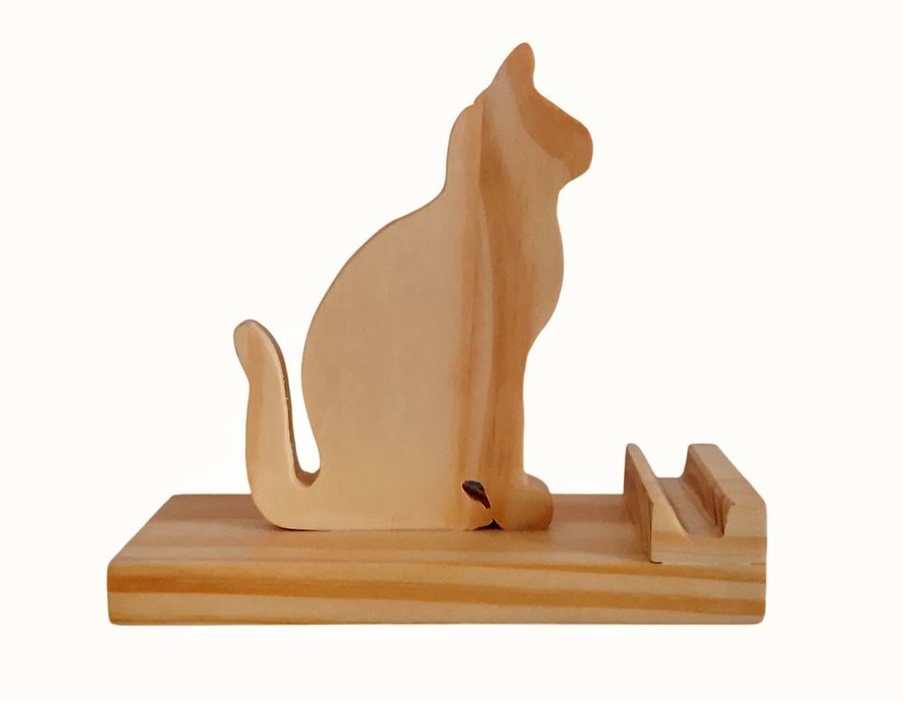 Support t&eacute;l&eacute;phone et tablette en bois avec figurine chat Décoration
