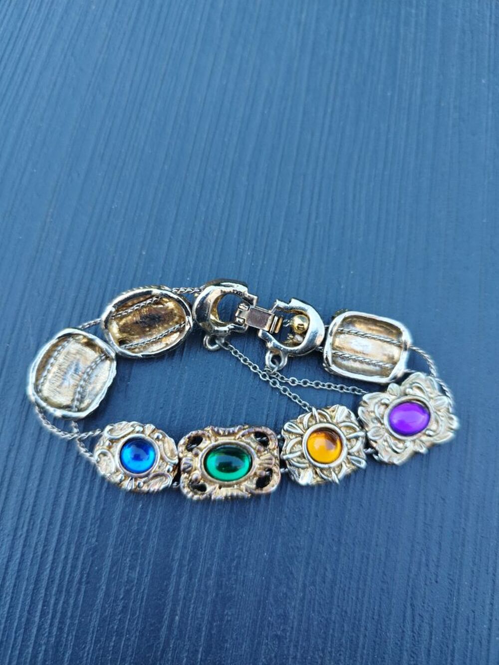 BRACELET Vintage M&eacute;tal argent&eacute;, cabochons diff&eacute;rentes couleu Bijoux et montres