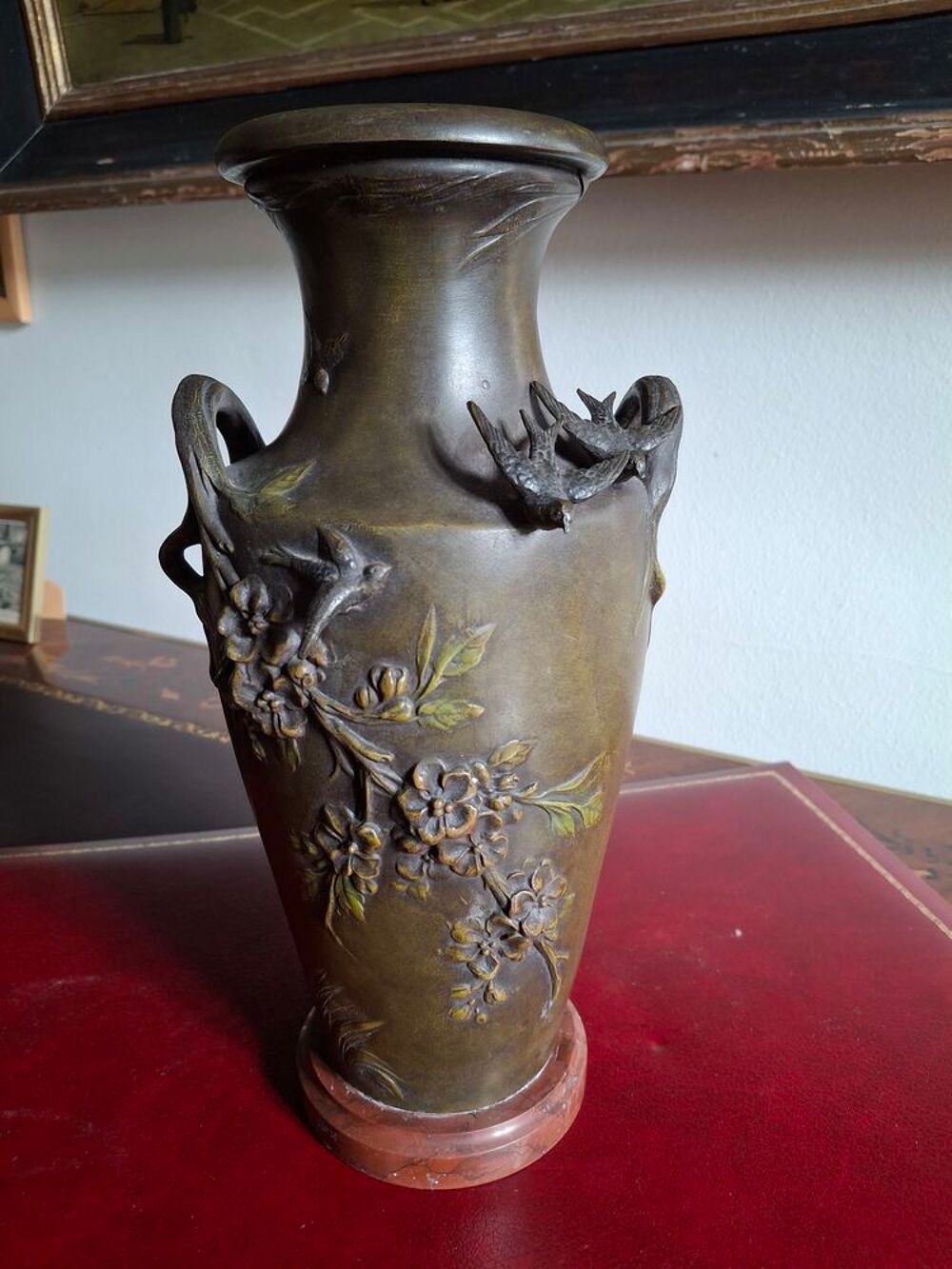 Paire vases art nouveau r&eacute;gule triple patine sign&eacute;s Moreau Décoration