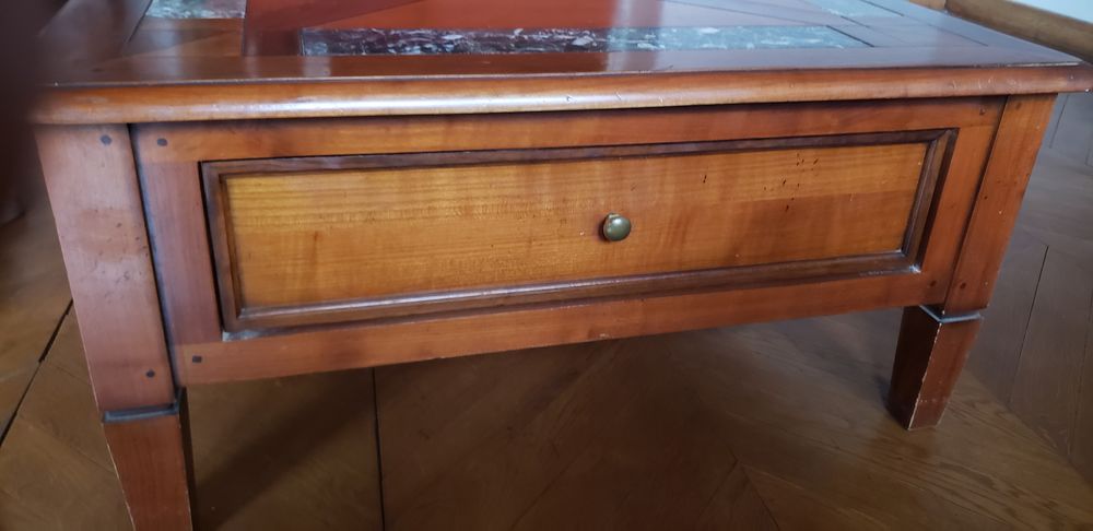 Table basse salon meurisier + noyer avec bandeau en marbre Meubles