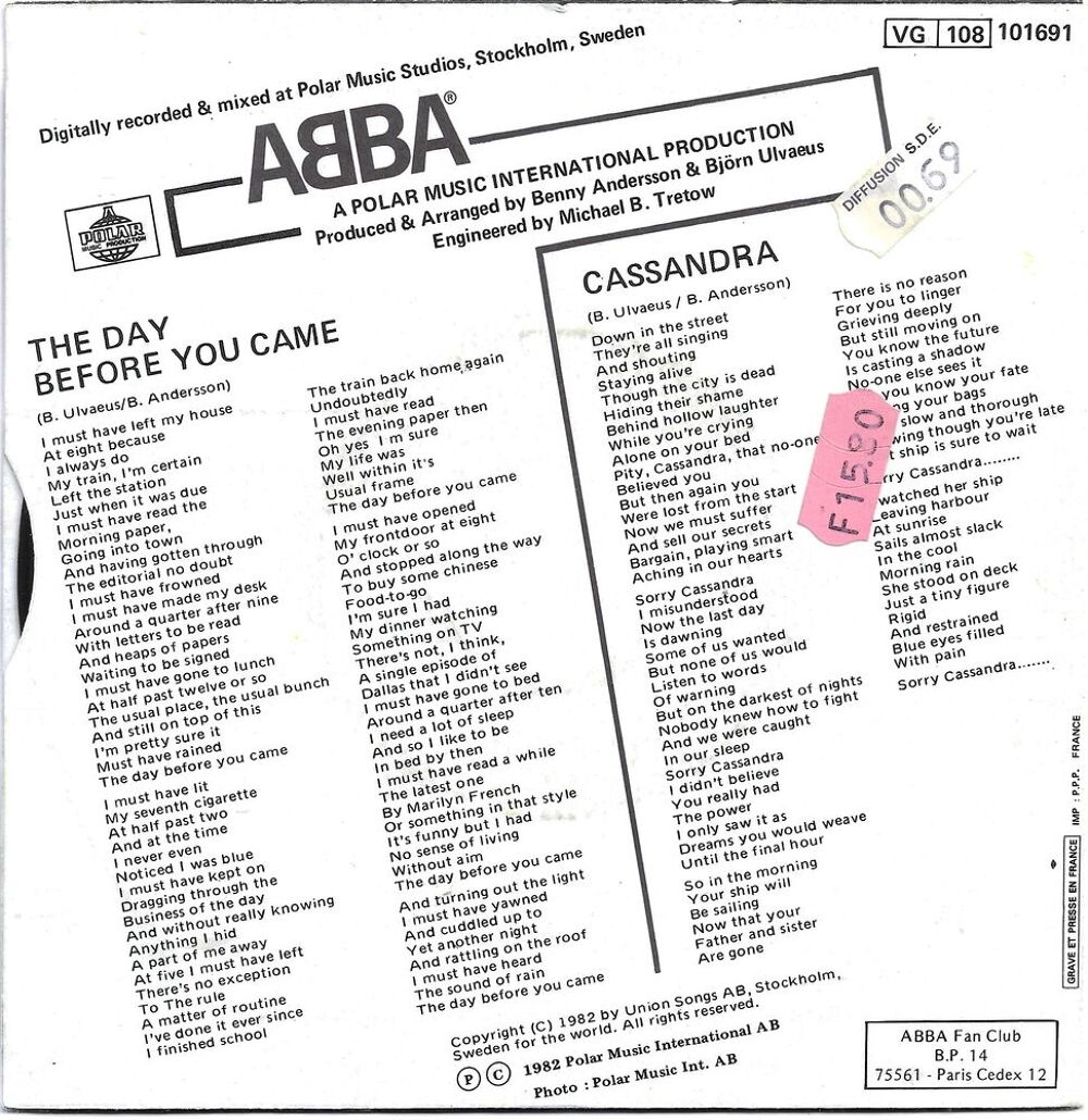 Abba "The Day Before You Came/Cassandra" CD et vinyles