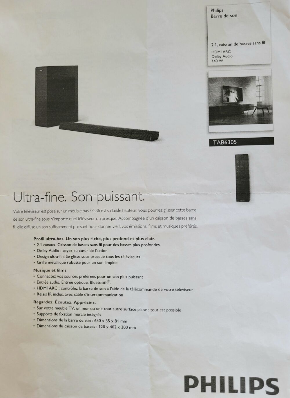 Barre de son philips Tab6305/10 Audio et hifi