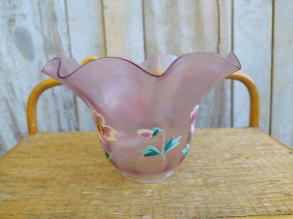 Grande Tulipe Verre Lampe &agrave; P&eacute;trole Rose Fleurs &Eacute;maill&eacute;es Décoration