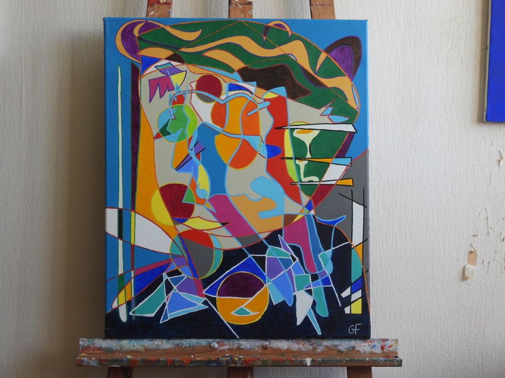 Tableau acrylique sur toile - Autoportrait au loup Décoration