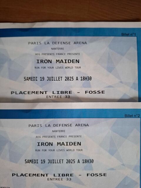 2 places pour Iron Maiden samedi 19 juillet � Paris 0 La Tour-du-Pin (38)