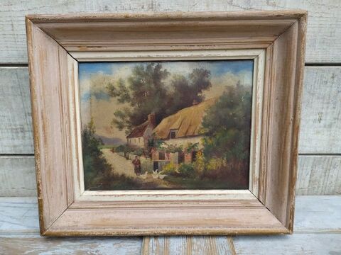 Tableau Peinture Ferme Chaumi�re Normande Sign� E. Jacquet 120 Loches (37)
