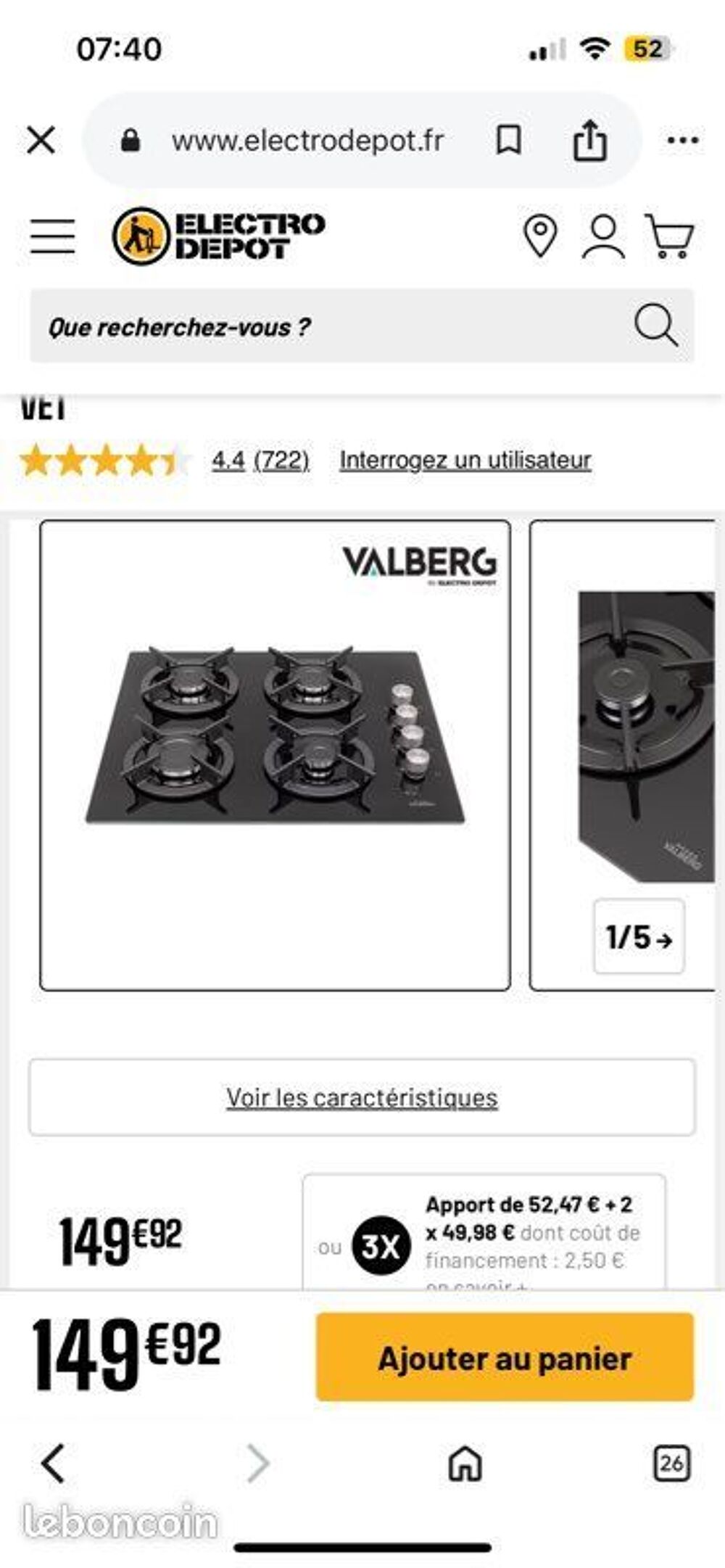 Table cuisson gaz Valberg neuve Electroménager