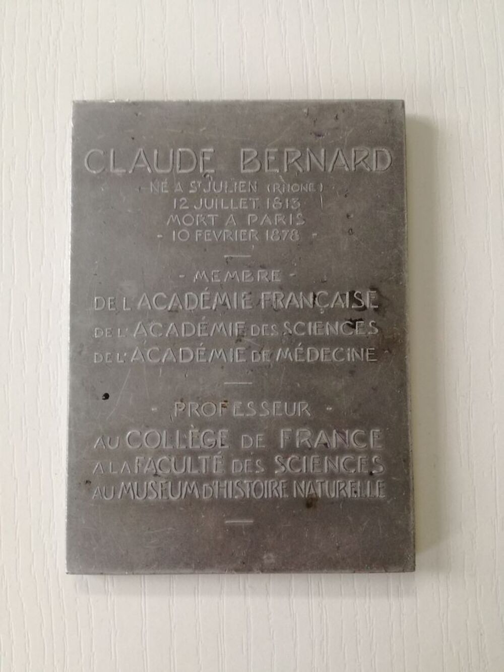 Plaque comm&eacute;morative Claude Bernard ? 1913 ? Gravure Alfred Décoration