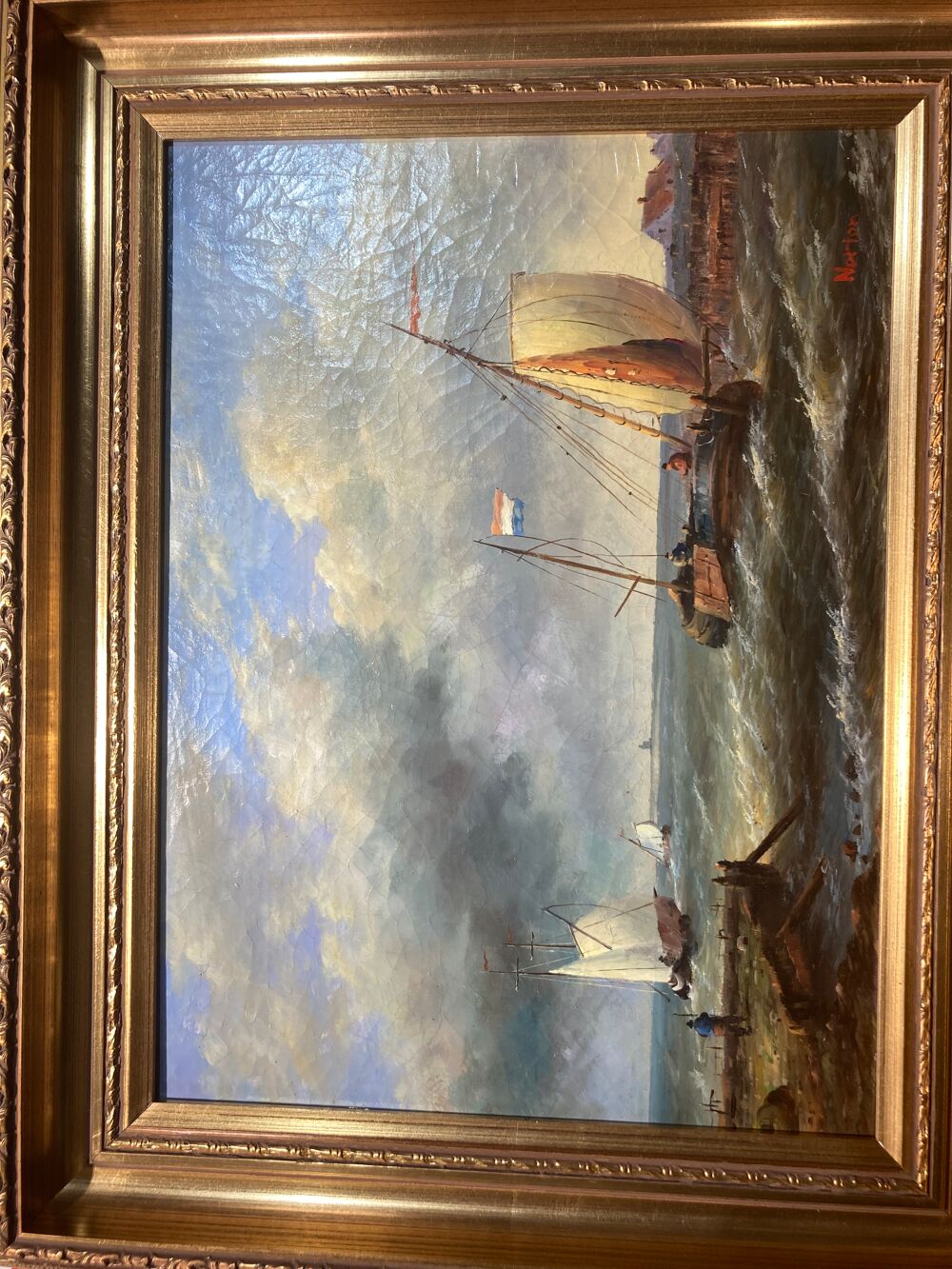 Peinture de Marine Ancienne Cadre Dor&eacute; Décoration