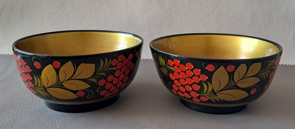 lot de 3 bols et cuill&egrave;res en bois laqu&eacute; et peint Khokhloma Décoration