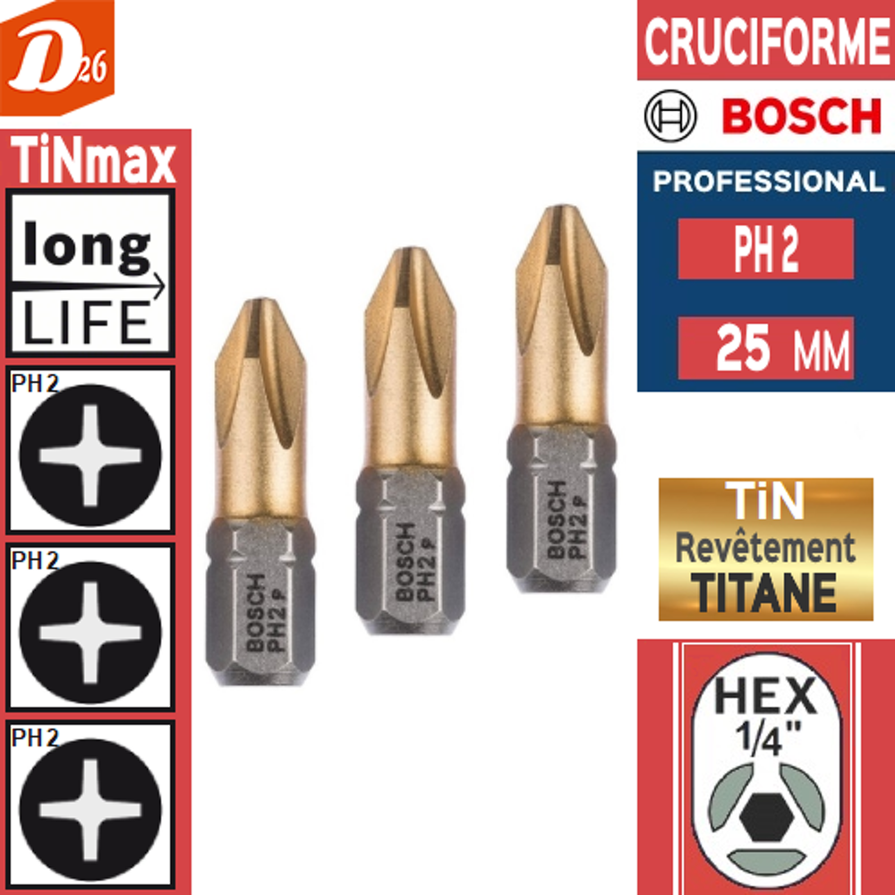   3 embouts de vissage BOSCH PH 2 au NITRURE de TITANE 