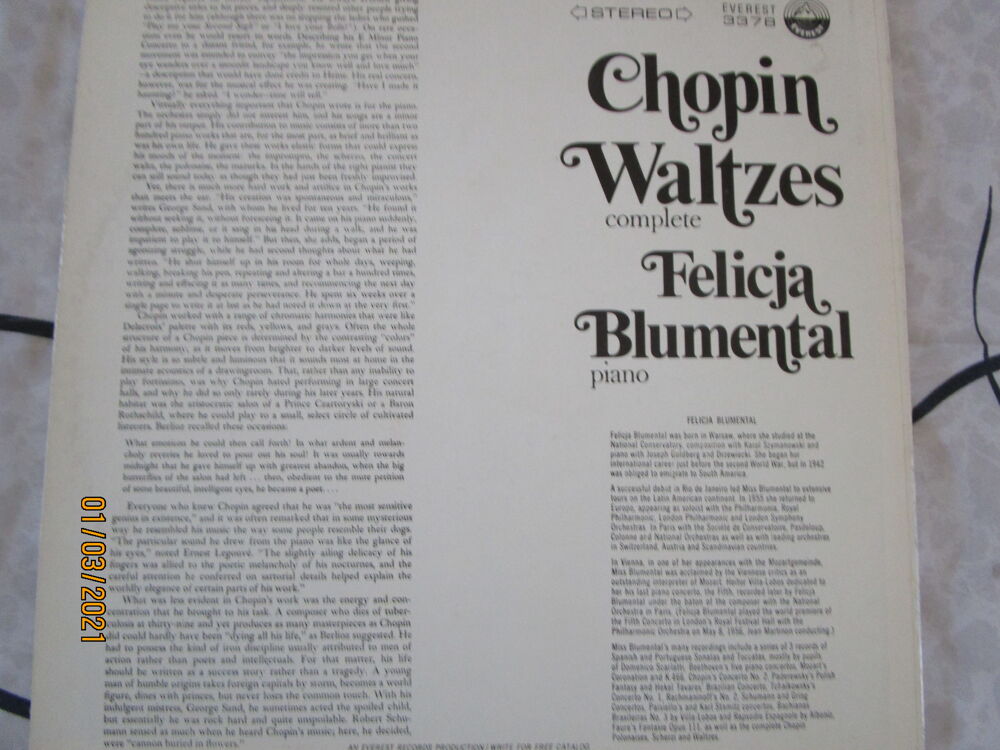 vinyle "CHOPIN WALTZES" par F&eacute;licia Blumental au piano.
&eacute; CD et vinyles