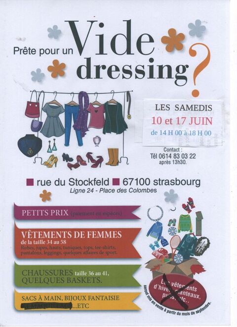 VIDE DRESSING les samedis 10 et 17 juin  domicile. 1 Strasbourg (67)