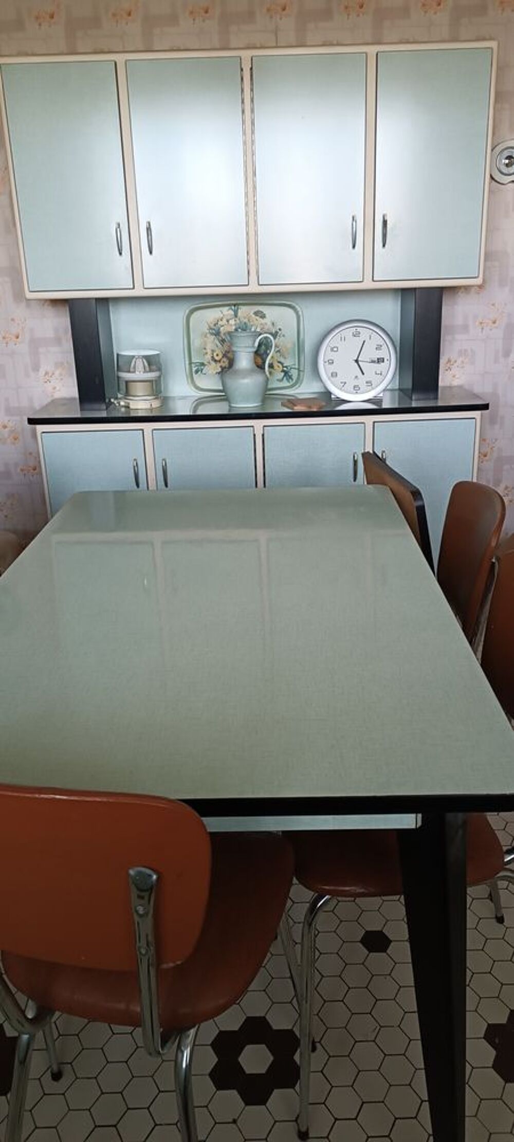 2 buffets de cuisine formicat vert p&acirc;le + table &agrave; rallonges Meubles