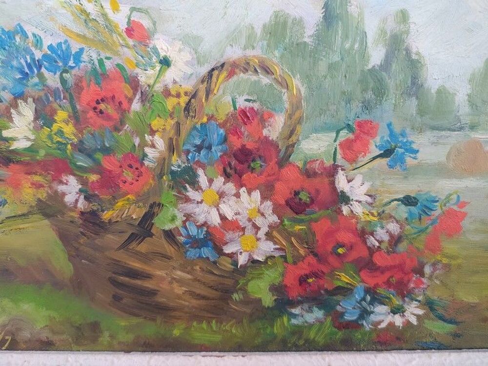 Ancien Tableau Bouquet de Fleurs Printani&egrave;res Sign&eacute;
