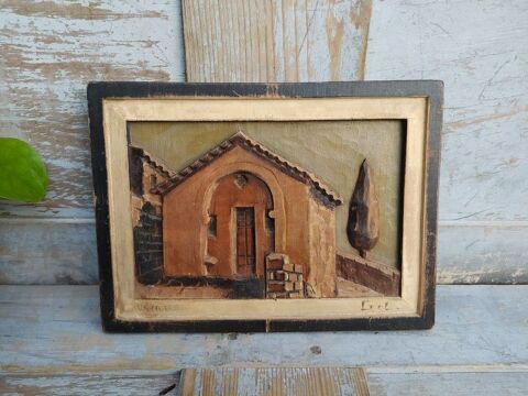 Ancien Tableau Bois Sculpt� Paysage de Vence Sign� GIL  32 Loches (37)