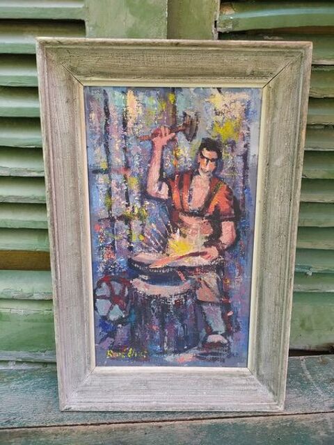 Tableau Forgeron travaillant dans sa forge Sign� Ren� Ehret 85 Loches (37)