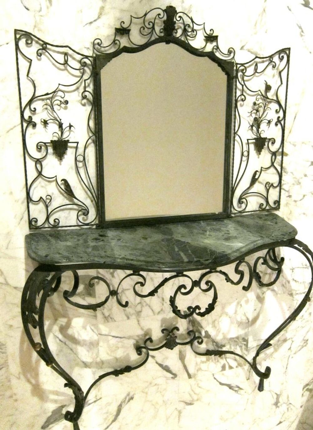 Console fer forg&eacute;, marbre et miroir Meubles