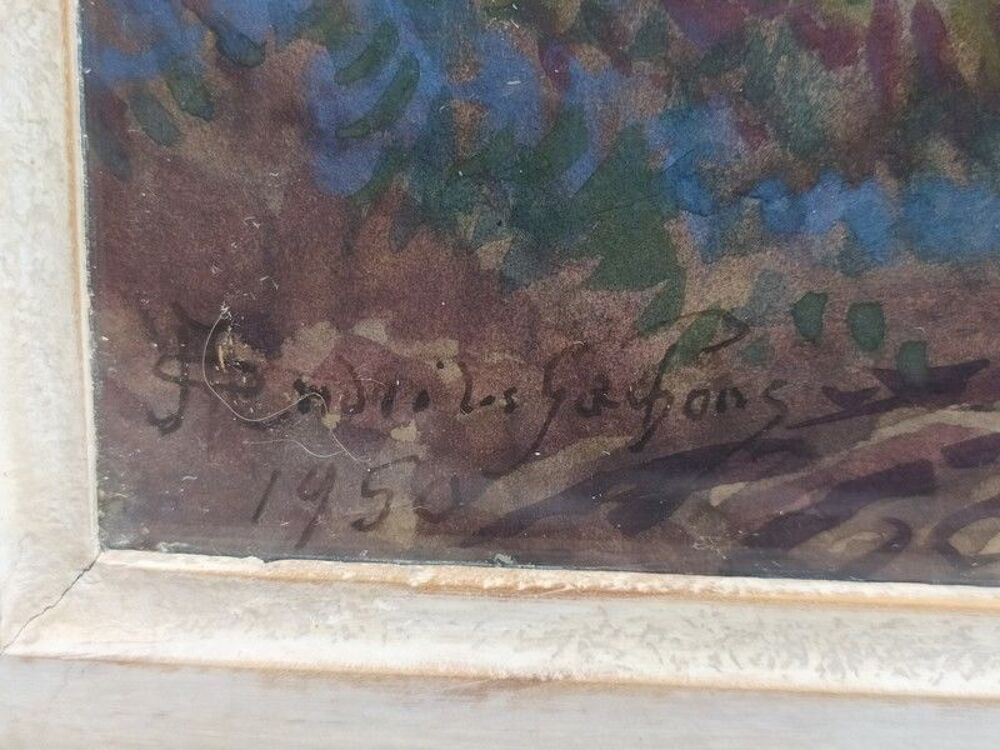 ANDR&Eacute; DES GACHONS Tableau Aquarelle Meules de Foin Campagne 