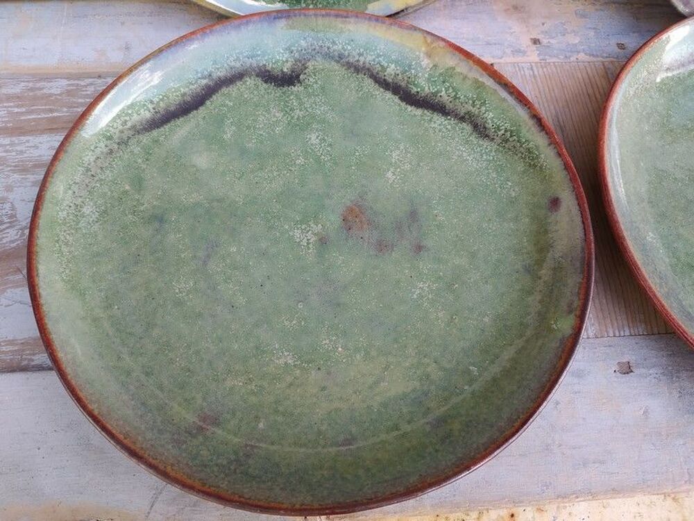 4 Assiettes Gr&egrave;s &Eacute;maill&eacute; Vert Porterie Artisanale Décoration