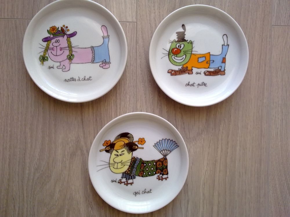 assiettes coupelles humoristiques chat sign&eacute;es Sin&eacute; Décoration