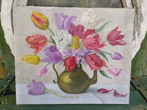 Tableau Peinture Nature Morte Bouquet de Tulipes Sign  180 Paris 1 (75)