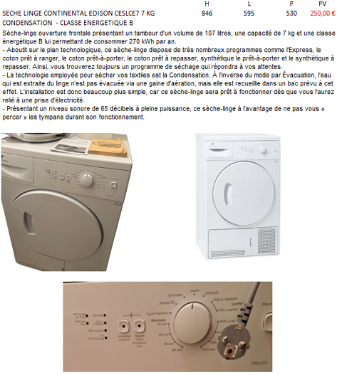 SECHE LINGE CONTINENTAL EDISON CESLCE7 7 KG CONDENSATION   250 Maubeuge (59)