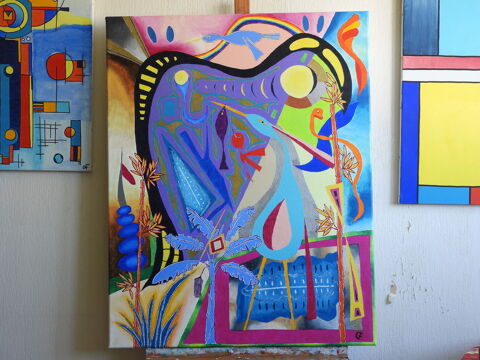 Tableau acrylique sur toile - La p�che du h�ron 235 Cond�-sur-Noireau (14)