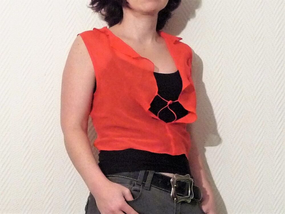 Top/ Tee Shirt Cintr&eacute; Orange Corail avec Lien &agrave; Nouer-Caloma Vêtements