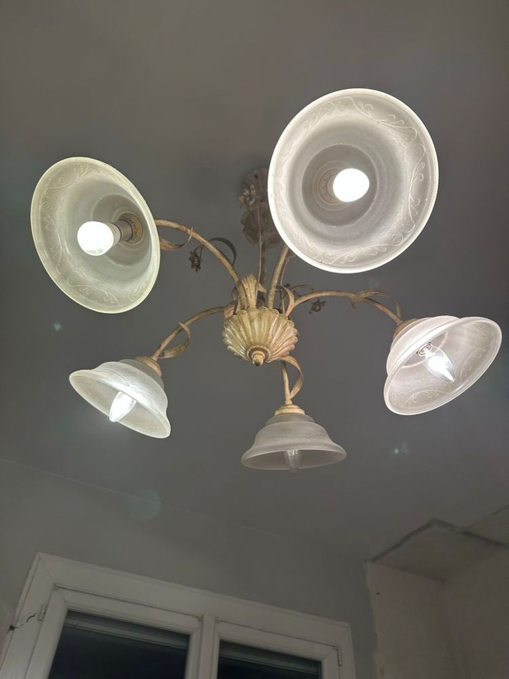 lustre 5 branche tulipes patte de verre Décoration