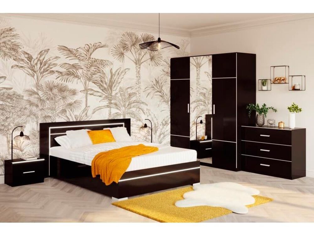 Lit double moderne noir avec &eacute;clairage LED int&eacute;gr&eacute; Meubles