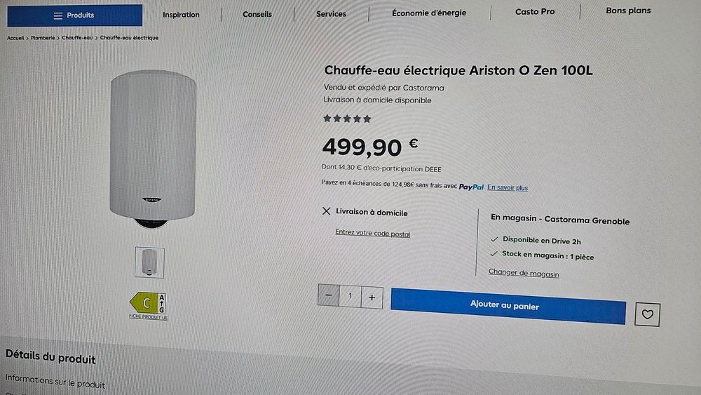 Chauffe-eau Ariston 530 Zen 100 litres du 02.01.2024 Bricolage