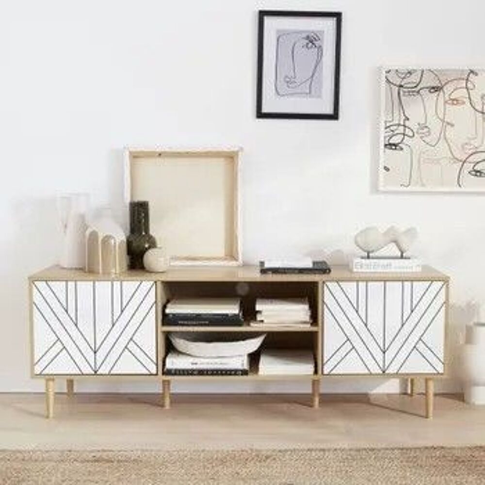 Meuble TV scandinave 2 portes bois/blanc - 160x40x56 cm Meubles