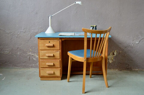 Bureau ancien en ch�ne plateau relook� bleu style vintage 420 Wintzenheim (68)