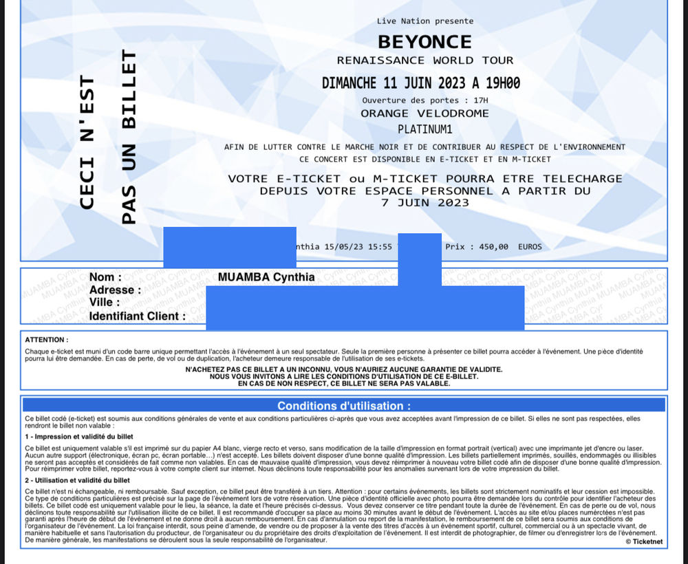 1 place place platinum1 en cat&eacute;gorie or pour Beyonc&eacute; Billetterie