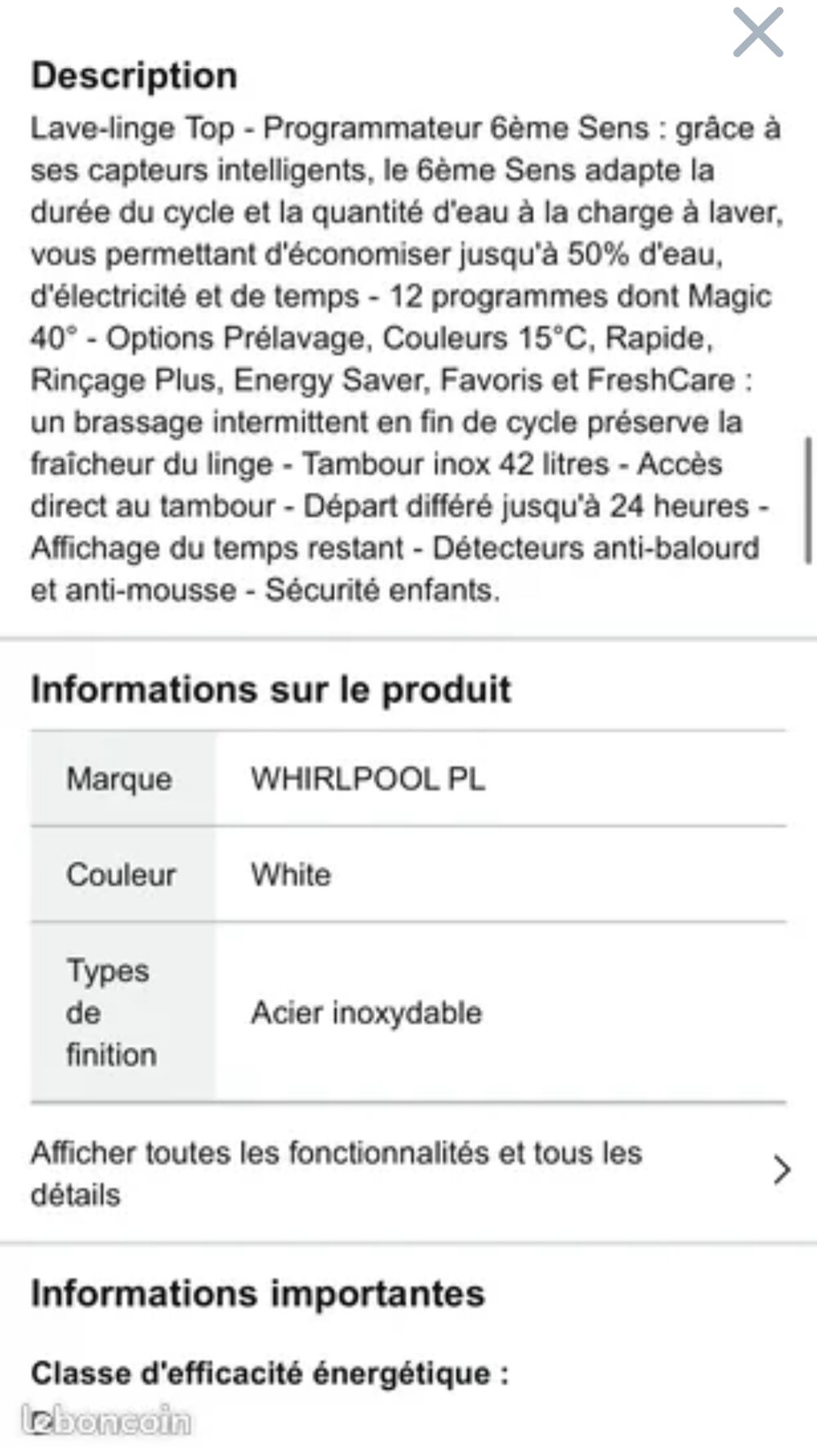 Machine &agrave; laver Whirlpool Electroménager