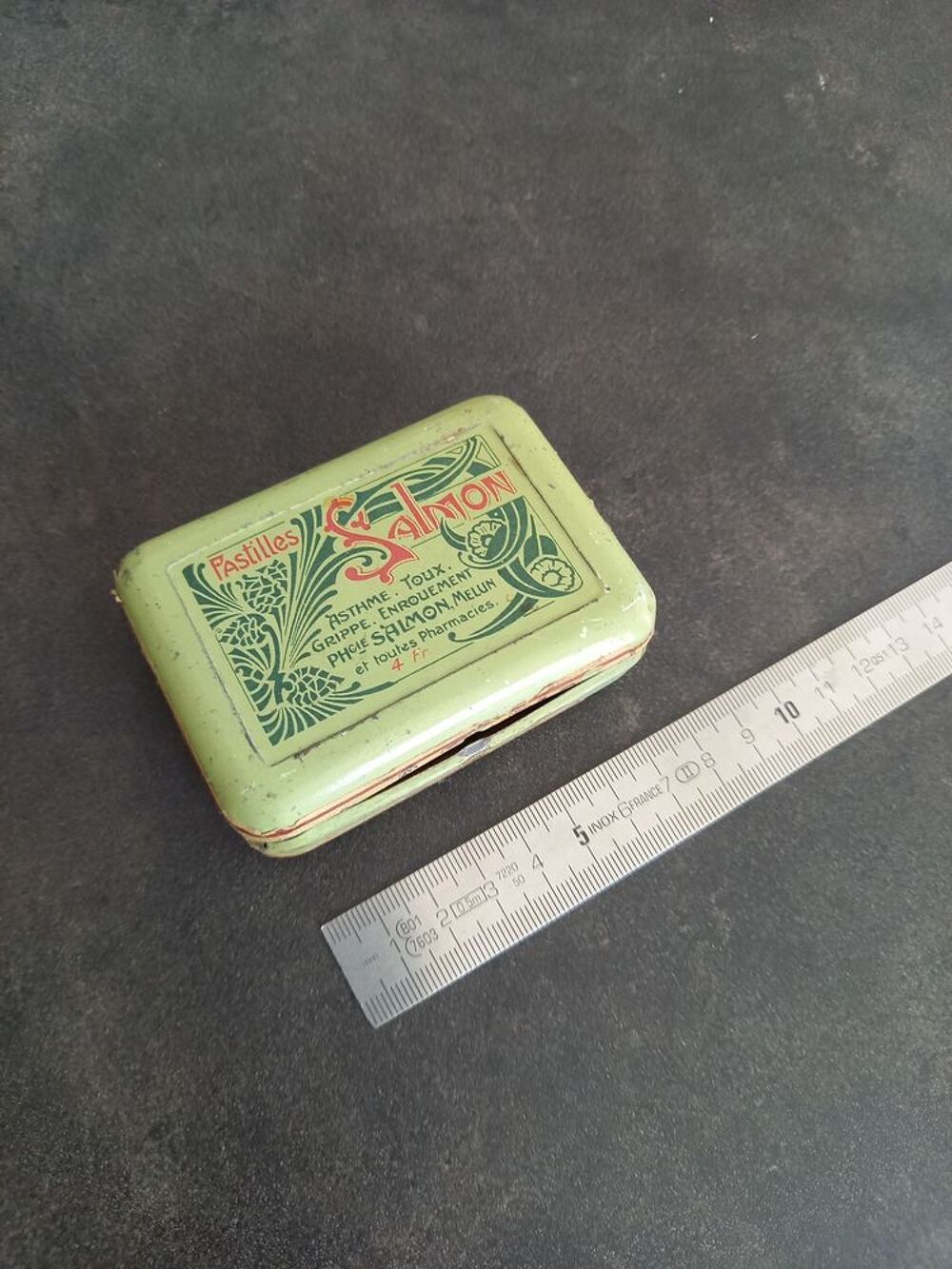 Boite m&eacute;tal ancienne Pastilles Salmon Asthme Toux Grippe Enr 