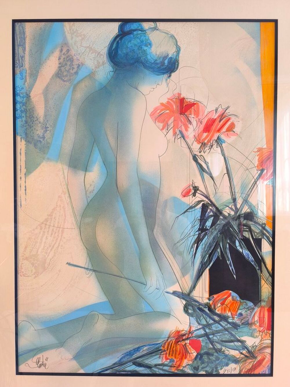 Magnifique lithographie sign&eacute;e ?'Nu Aux Dahlias'' 