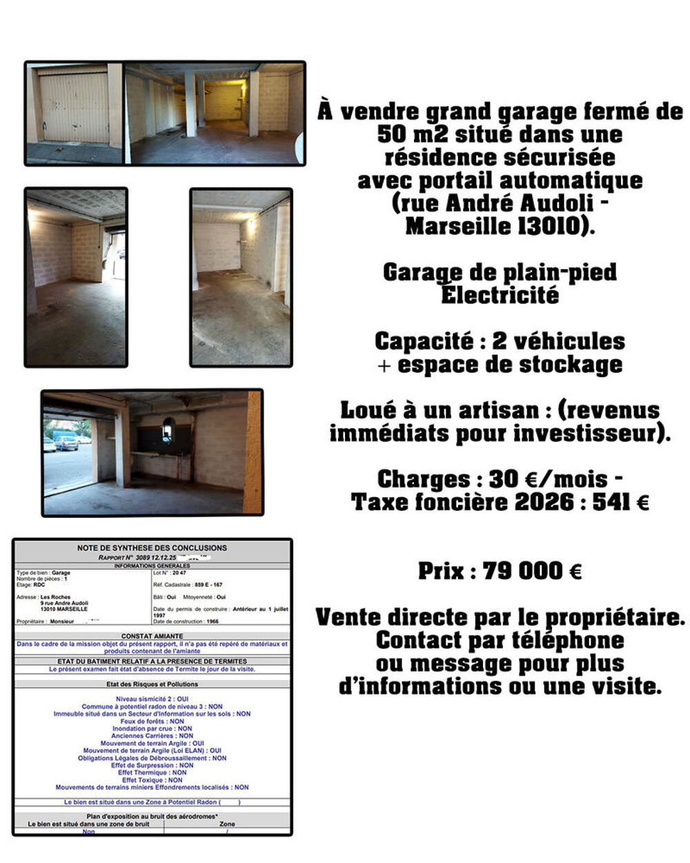 Vente Parking/Garage Grand garage 50m2..résidence sécurisée Marseille 10