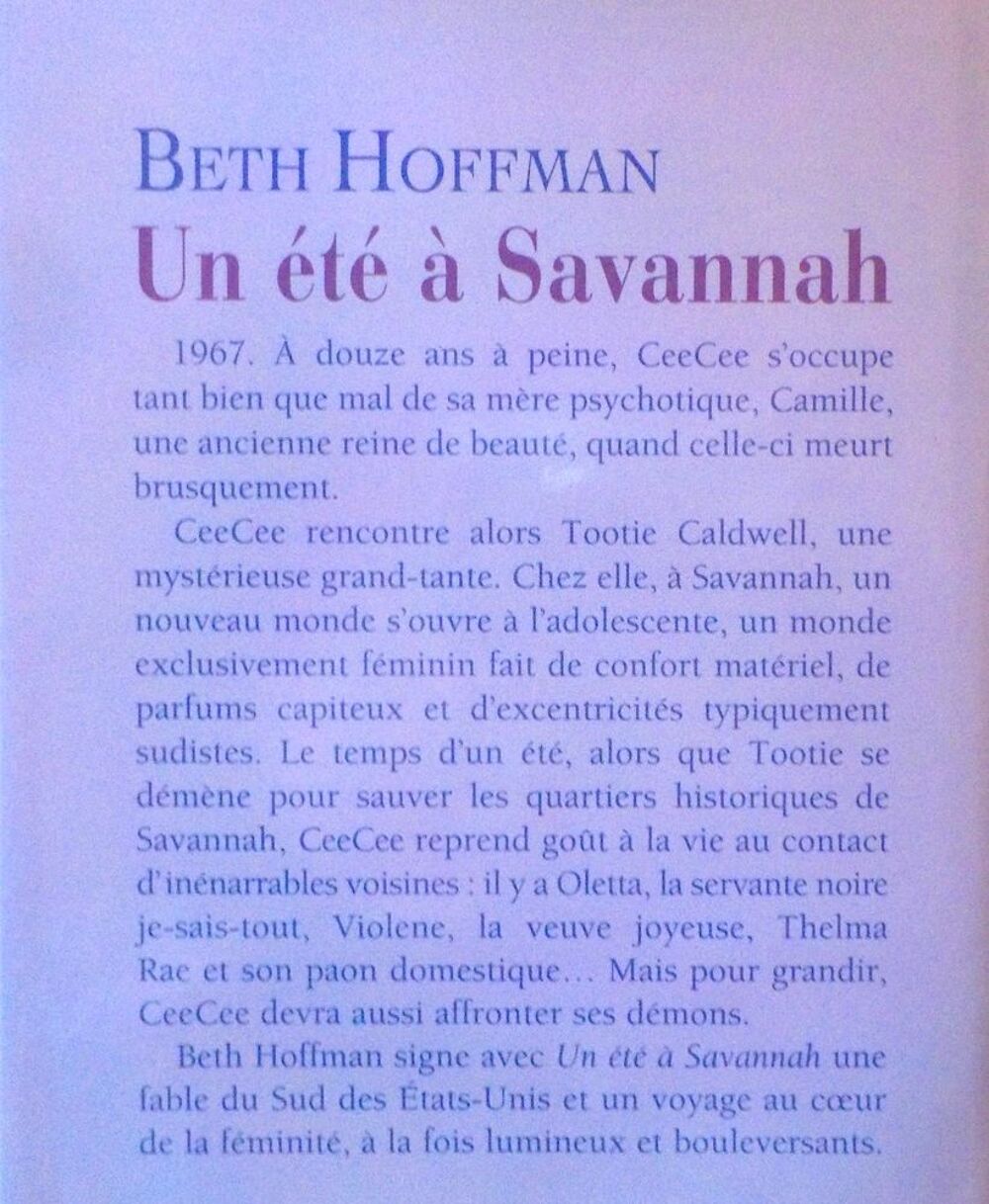 UN ETE A SAVANNAH de Beth HOFFMAN Ed. France Loisirs Livres et BD