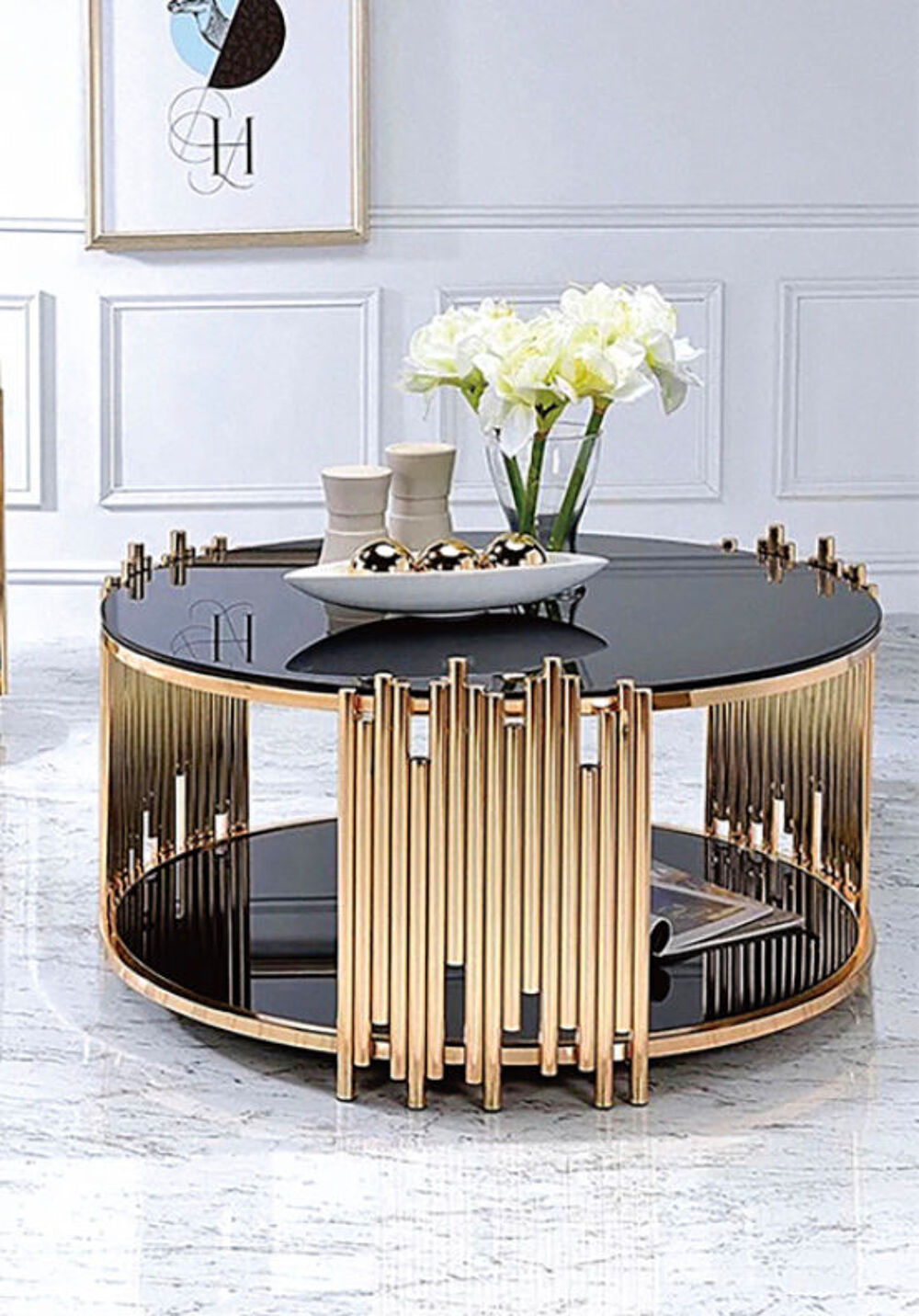 table basse noir dor&eacute; brillant Meubles