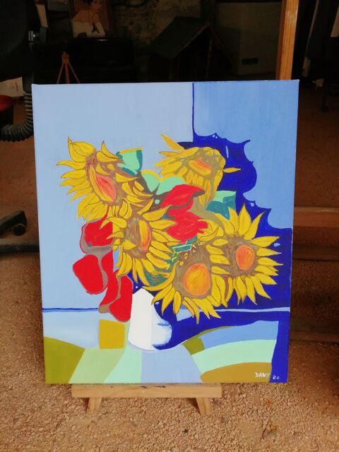 TABLEAU A L HUILE SUR COTON BOUQUET TOURNESOLS 50 Anduze (30)