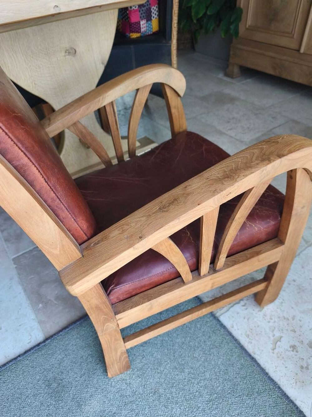 Fauteuil exotique teck et cuir brun Meubles