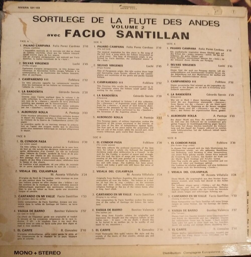 FACIO SANTILLAN / FLUTE DES ANDES / DISQUE VYNIL 33 TOURS/ CD et vinyles
