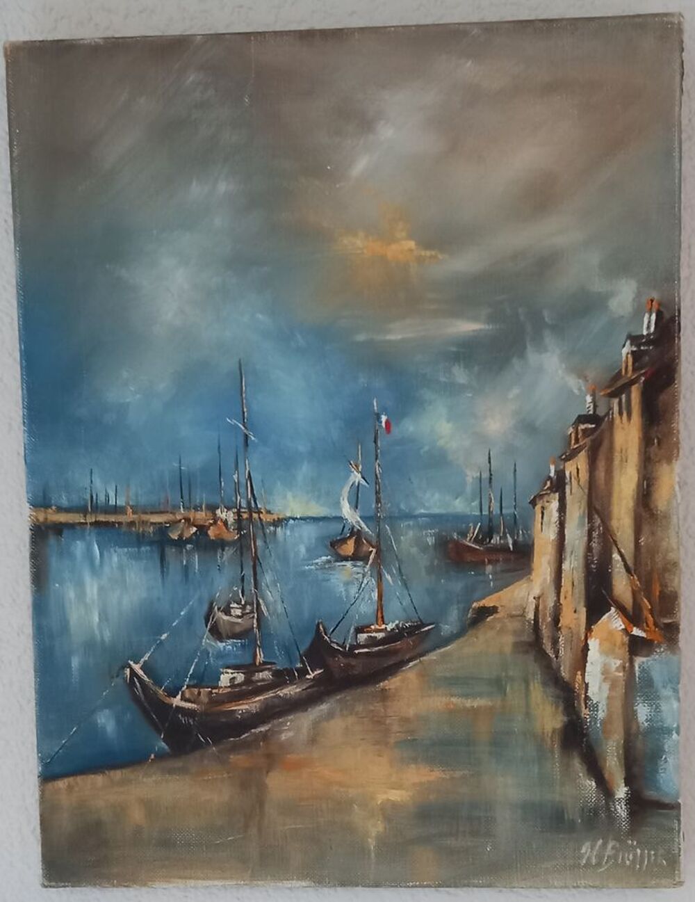 ? Huile sur toile ? Marine / Port r&eacute;tro (Sign&eacute;e H. Fr&uuml;ller) Décoration